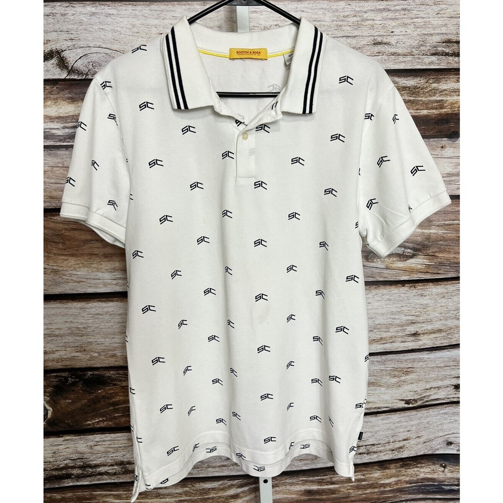 Scotch & Soda Men's White Navy Blue Short Sleeve Polo Shirt Size Large